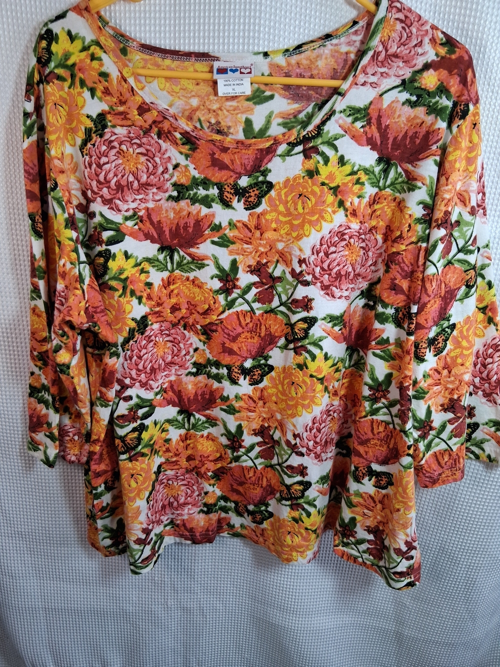 American Sweetheart Women's Cotton Floral Scoop Neck Top 3/4 Yellow & Orange